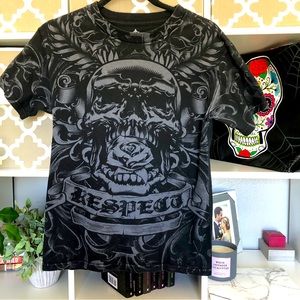 VINTAGE Rare find Streetwear Mens Skull Rose MMA Elite REPECT Print T-Shirt USA